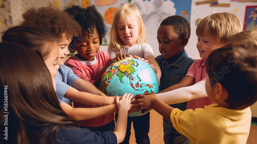 Children hug the earth globe with their hands. Earth Day concept