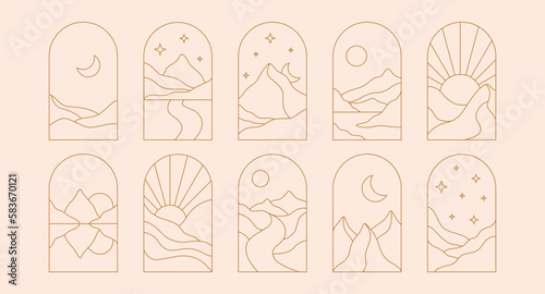 Boho landscape frame. Trendy linear bohemian windows desert mountain moon sun for logo icon tattoo. Minimal vector line set