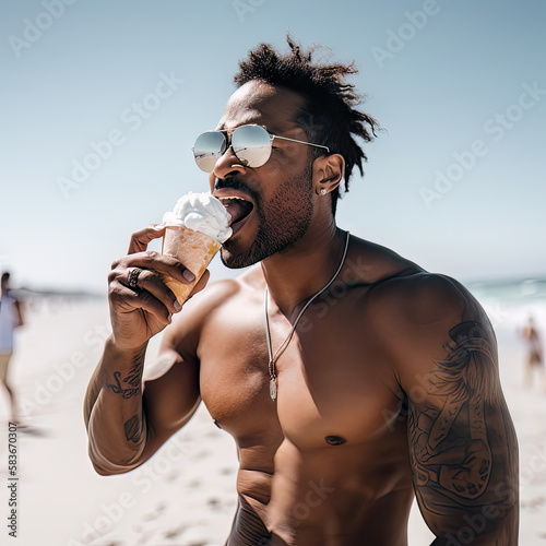 AI generative Handsome shirtless man eating ice cream on the beach