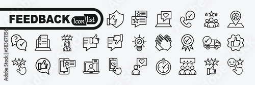 Feedback Outline Icon Collection. Thin Line Set contains such Icons as Rating, Testimonials, Quick Response, Satisfaction and more.	