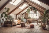 Boho mezzanine living room, blurred backdrop. with gabled ceiling. Decorated potted plants. Mediterranean decor,. Generative AI