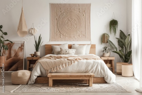 Coastal bohemian bedroom wall mockup,. Generative AI