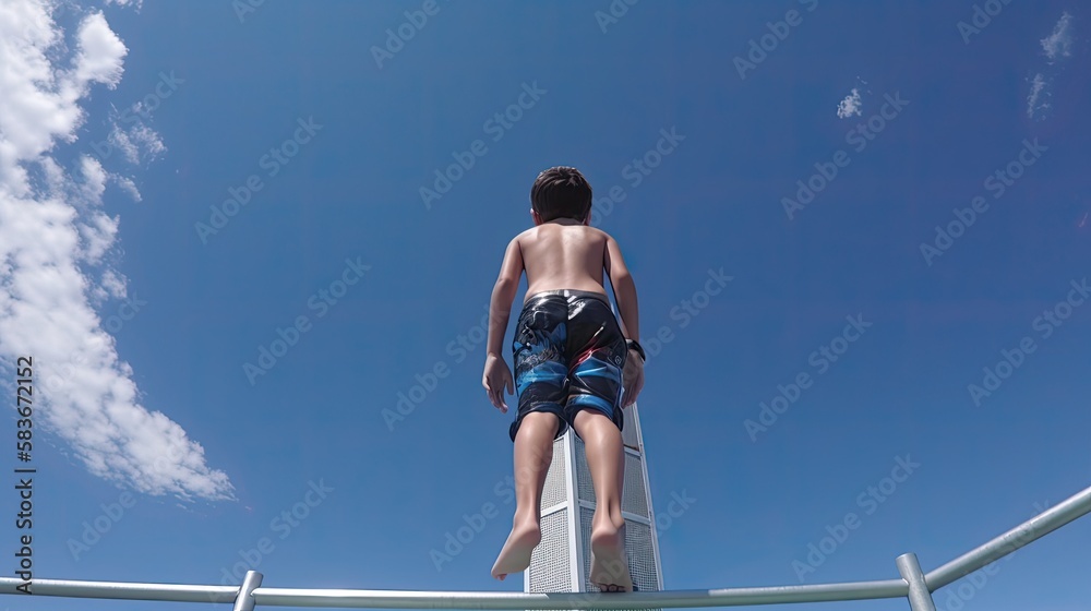 5 year old boy diving off the tallest high dive ever, generative ai