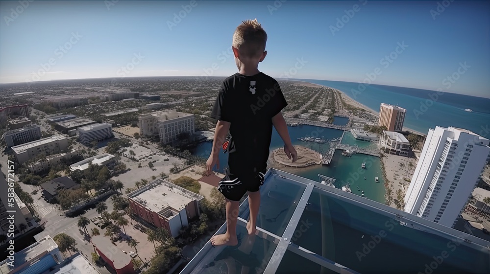 5 year old boy diving off the tallest high dive ever, generative ai