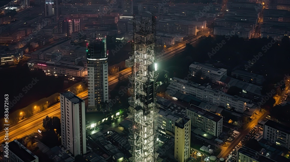 5G cell tower in the city between buildings, generative ai
