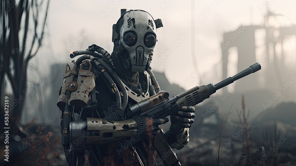 A cyborg holding a futuristic weapon in a post-apocalyptic wasteland, generative ai A cyborg holding a futuristic weapon in a post-apocalyptic wasteland, generative ai