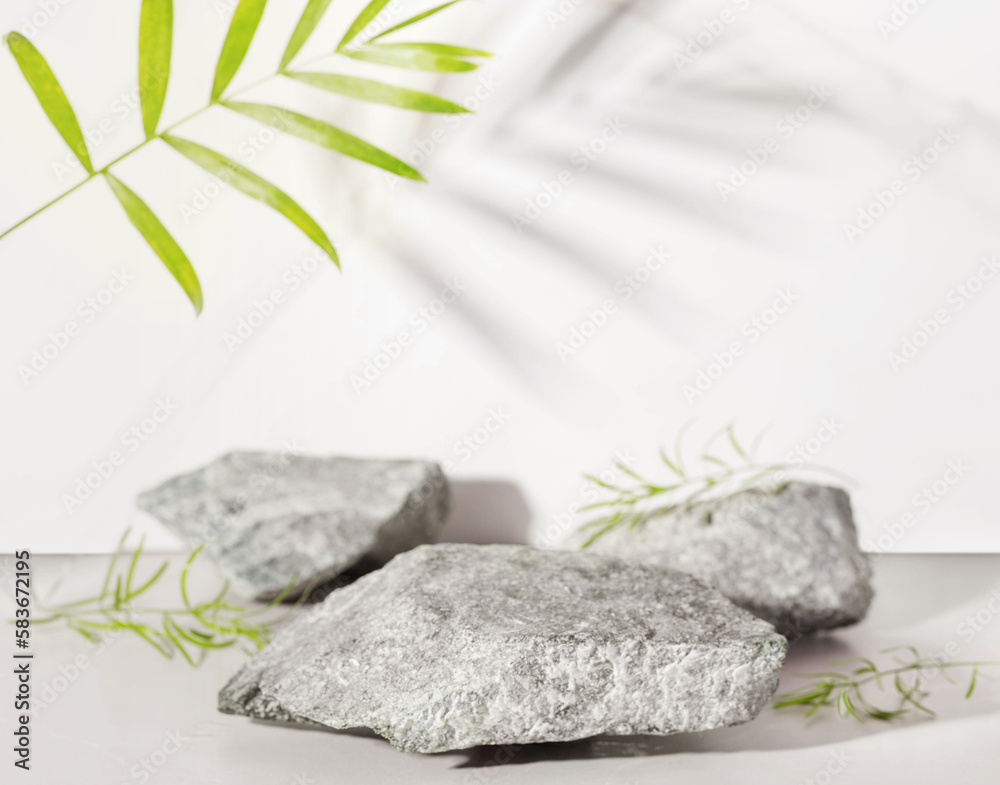 Podium made of natural stone and concrete with tropical leaves in sunlight. Podium made of natural stone and concrete with tropical leaves in sunlight.