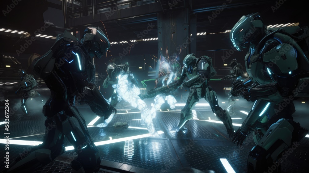 A group of cyborgs and robots fighting in a futuristic arena, with flashing lights and intense action, generative ai