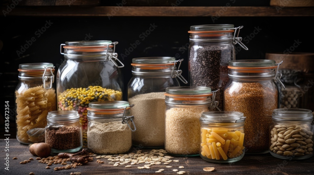 Assortment of uncooked grains, cereals and pasta in glass jars on wooden table. Healthy cooking, clean eating, zero waste concept. Balanced dieting food. generative ai
