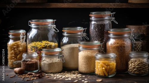 Assortment of uncooked grains, cereals and pasta in glass jars on wooden table. Healthy cooking, clean eating, zero waste concept. Balanced dieting food. generative ai
