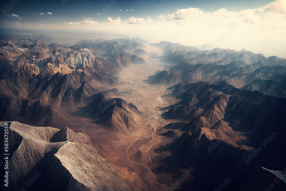 Aerial view of mountain and valley generative AI