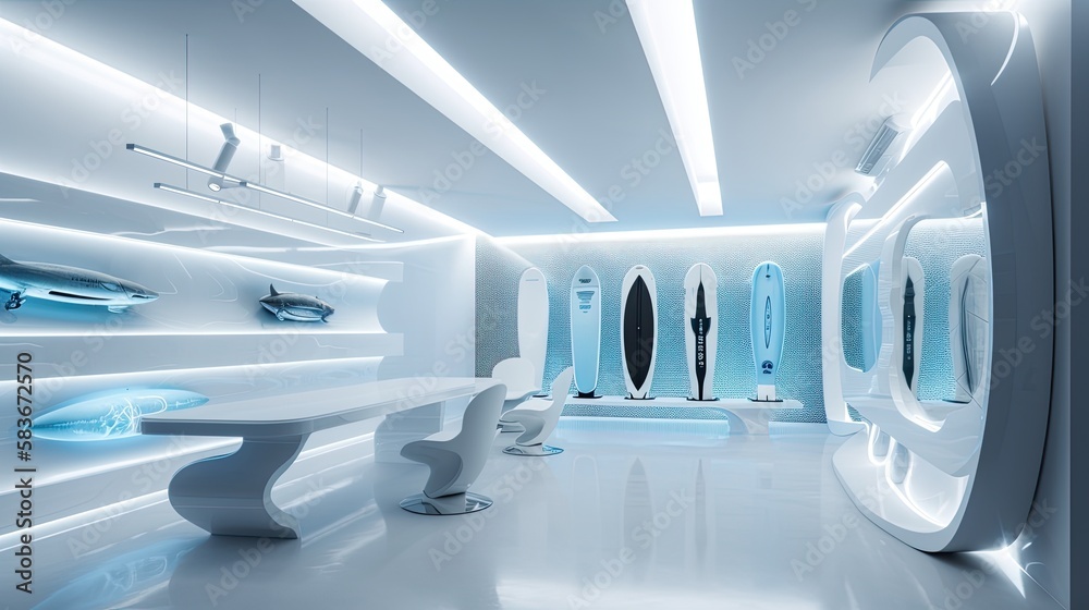 Futuristic surf equipment showroom, brandless, main color of interior design is white, high end, ultra realistic, generative ai