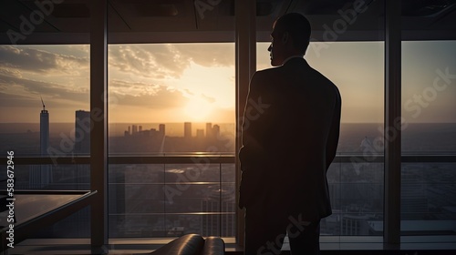 Portrait of male CEO in big corner office, looking out of window, at sunset . back view, generative ai © Creative Station