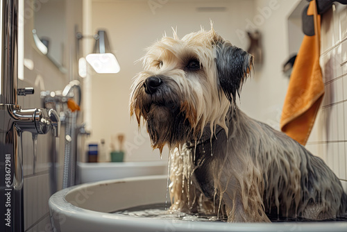 Generative AI Illustration of an adorable dog in the bathtub of a dog groomer washing and grooming its hair