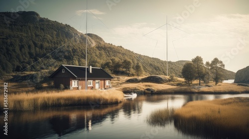 Remote cottage in a landscape at a lake connected with 5G data stream, generative ai