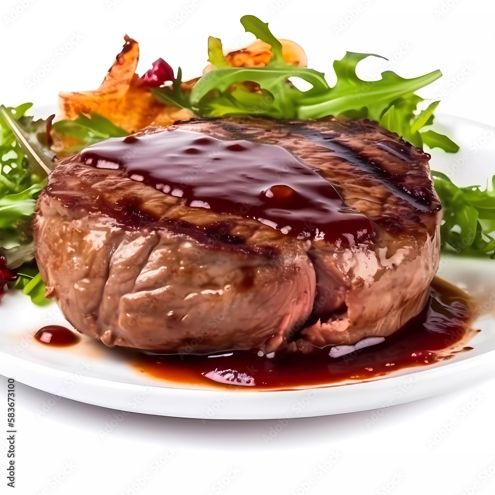 Isolated juicy baked meat, cut into pieces, poured with sauce, decorated with greens. On a white background. Created with Generative AI technology.