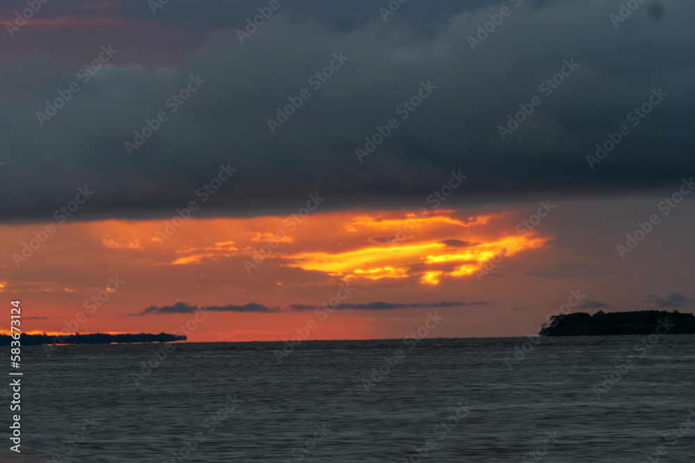 Overcast sunset on the Amazon river in Brazil.