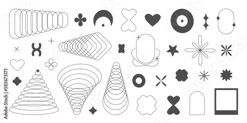 Aesthetic y2k geometric shapes. Simple trendy geometry shapes. Retro line art design elements. Vector illustration for social media or poster. EPS 10