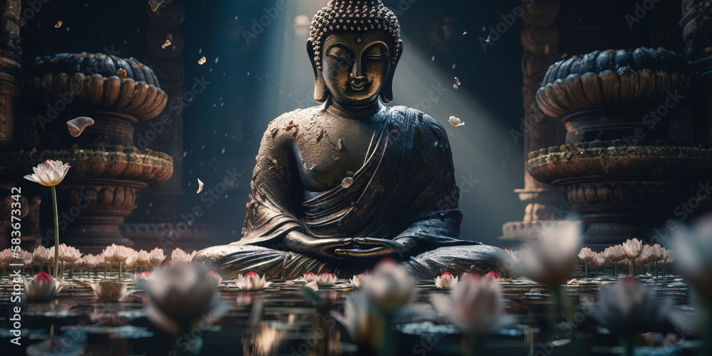 buddha statue and lotus flower. Generative AI - obrazy, fototapety, plakaty 