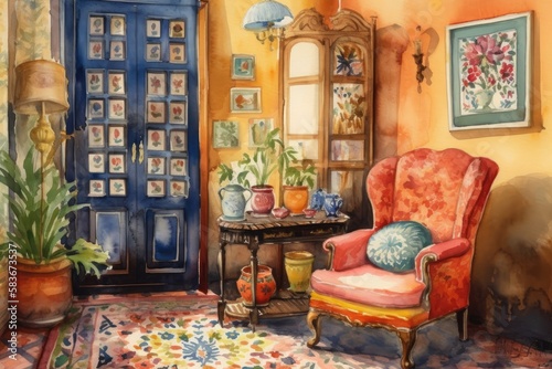 watercolor parlor painting. maximalist interior design painting with colorful armchair,rug,cabinet,chinoiserie,flowers in vase,Chinese ceramic,boho cushion, and light for print. Generative AI