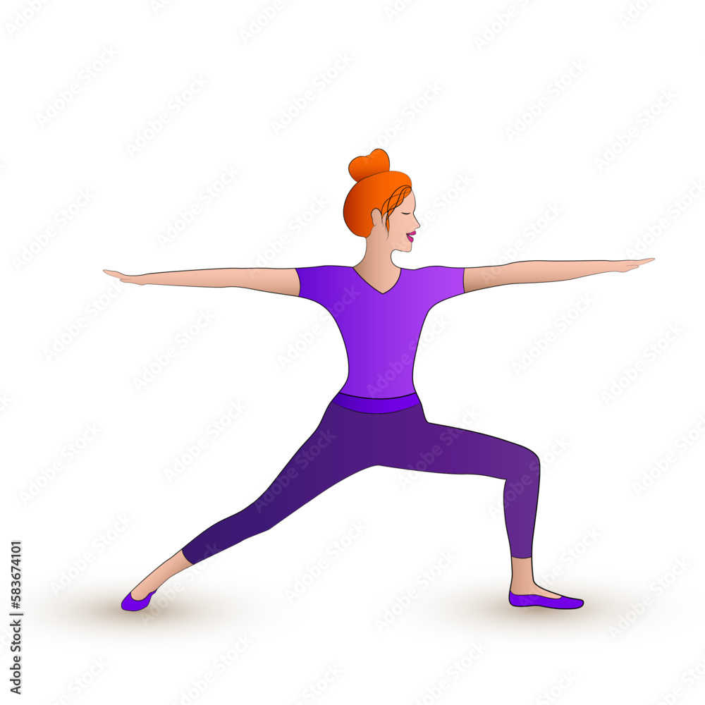 Red hair girl doing Virabhadrasana yoga posture. Slim woman in hatha yoga warrior pose. Young yogi girl in well balanced posture. Slender woman vector illustration. Healthy lifesty. Red hair girl doing Virabhadrasana yoga posture. Slim woman in hatha yoga warrior pose. Young yogi girl in well balanced posture. Slender woman vector illustration. Healthy lifesty.
