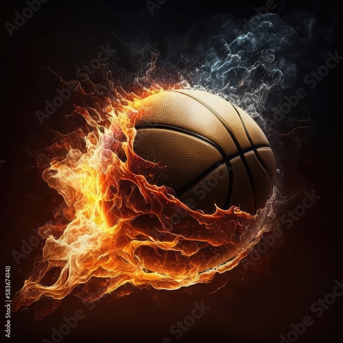 Basketball ball on fire on a dark background. World championship or cup concept. Generative AI © masharinkaphotos