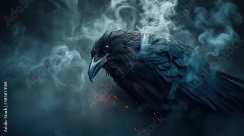 fantasy raven coming out of the smoke. Generative AI
 photo
