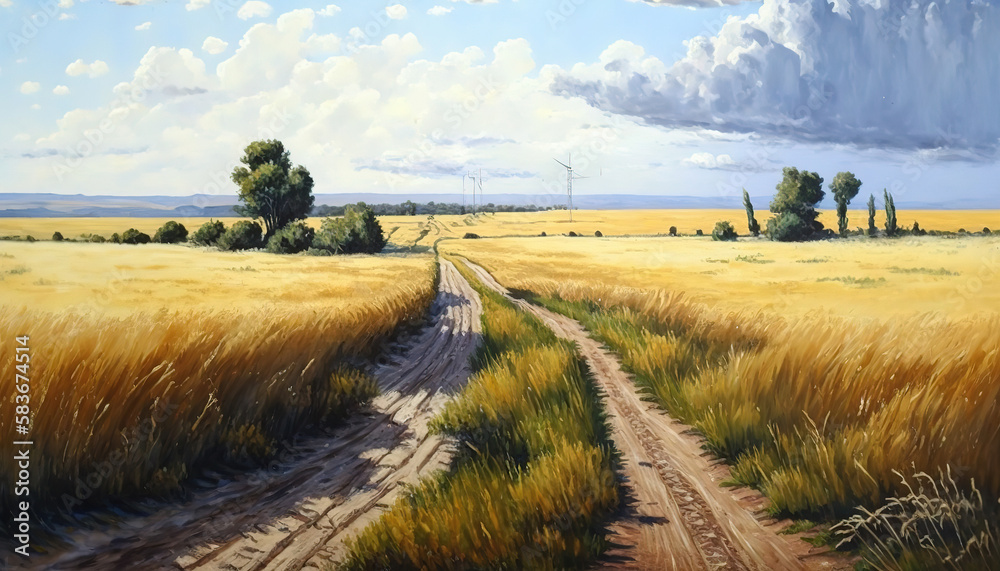 Fototapeta premium a painting of a dirt road through a wheat field, rural landscape, country, art illustration 