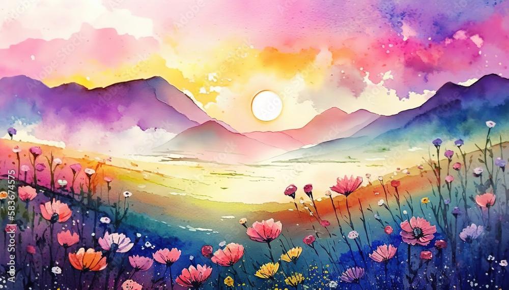 a painting of a field of flowers with a pink sky in the background, field of fantasy flowers, watercolor illustration 