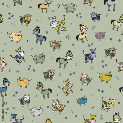 Vector repeat pattern of whimsical farm animals on an olive green background. Cute cartoon-style colorful pigs, cows, horses, and sheep.Hand-drawn unusual childish countryside design.