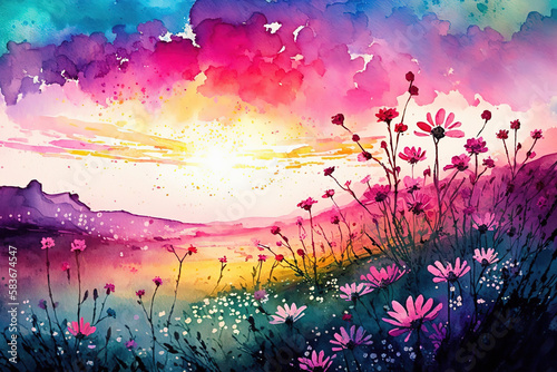 a painting of a field of flowers with a pink sky in the background  field of fantasy flowers  watercolor illustration 