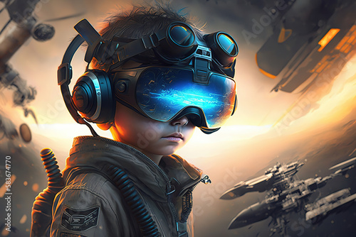 a young boy wearing a pair of virtual reality goggles, sci-fi concept, art illustration 