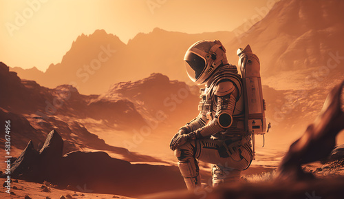 astronaut man in a space suit stands in front of a mountain landing on mars-AI Generative 