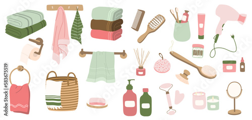 Pack of design of objects and cosmetics for the bathroom. Personal daily self care accessories and hygiene with massage products, hygiene products, spa products. Vector illustration isolated