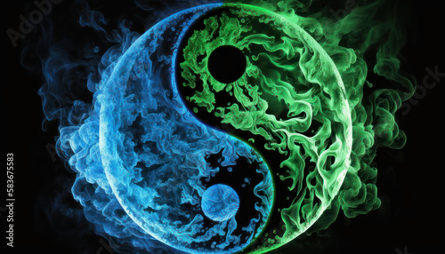  Yin-yang or Tai Chi symbol made of green and blue fire on black background created with generative AI technology