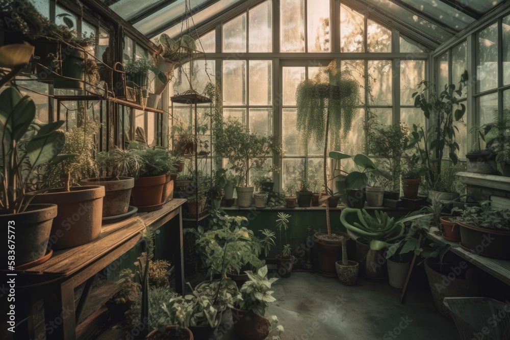 Green houseplants in a little greenhouse. Boho. Eclectic. Generative AI