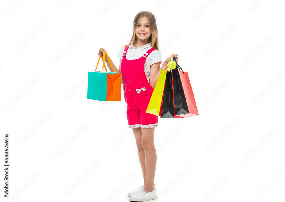 full length of teen girl with shopping bag on background. photo of teen girl with shopping bag.