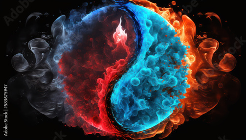  Yin-yang or Tai Chi symbol made of red and blue fire on black background created with generative AI technology