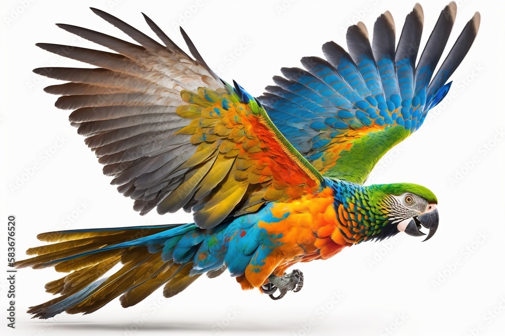 Fototapeta premium multicolored big parrot flying isolated on white background. generative ai.