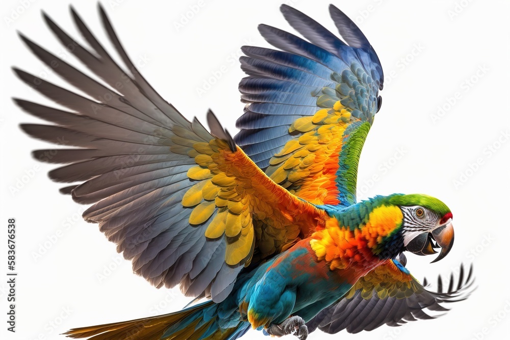 Obraz premium multicolored big parrot flying isolated on white background. generative ai.