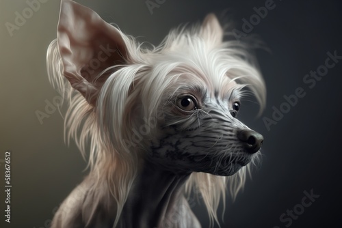 Chinese crested dog sits on a studio background. Generative Ai © inna717