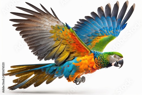 multicolored big parrot flying isolated on white background. generative ai.