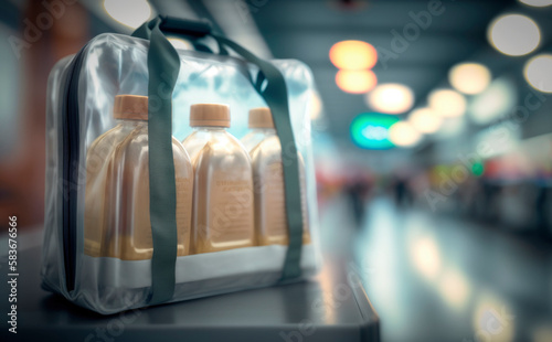 Plastic bottles with liquids inside a transparent bag ready for the security control screening at the airport. Generative AI