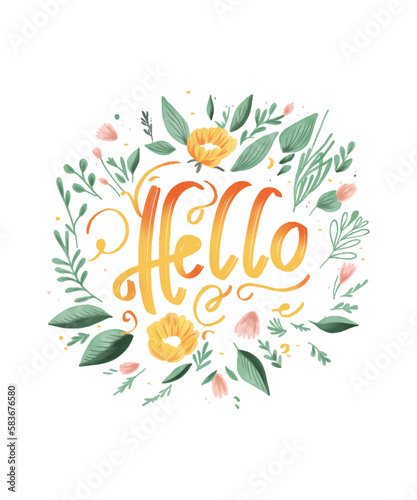 Flower wreath in watercolour style. Spring sales border. Poster design with lettering phrase Hello