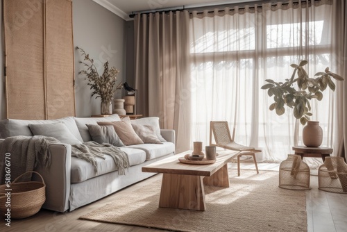 Close up of gray beige wooden living room. Rattan carpet, coffee tables, drapes, and fabric couch. Japandi farmhouse decor,. Generative AI © 2rogan