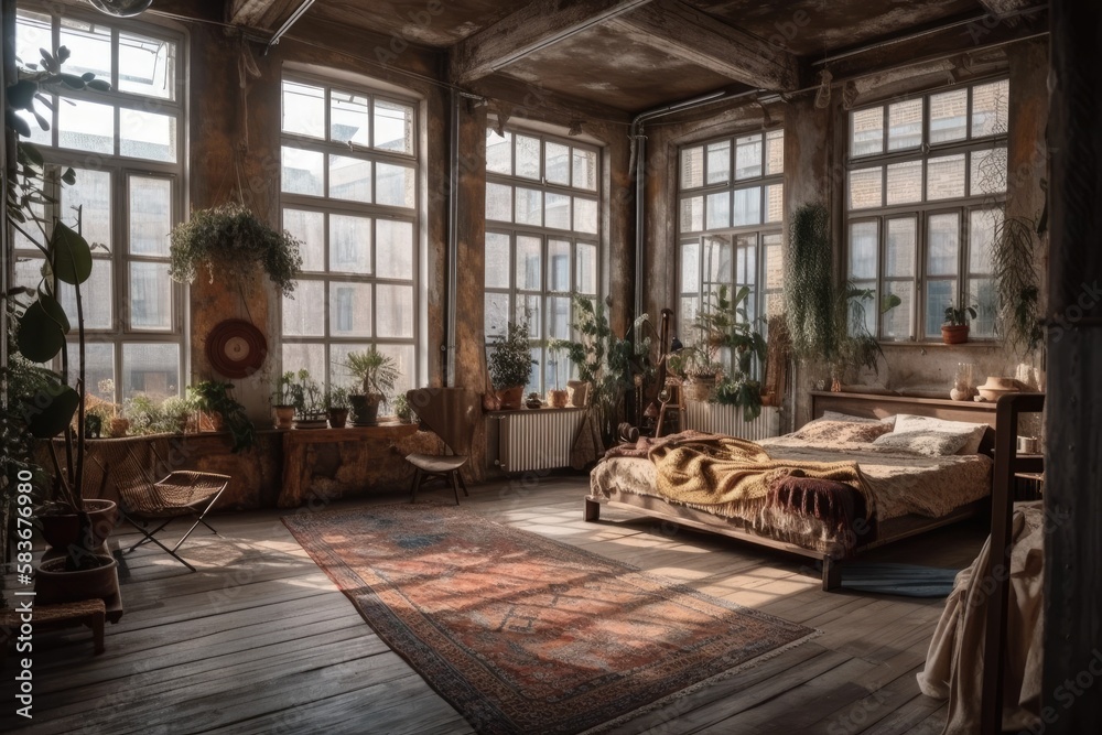 Boho living room with dry plant in pot, huge bed, and big windows. Loft style. Generative AI Boho living room with dry plant in pot, huge bed, and big windows. Loft style. Generative AI