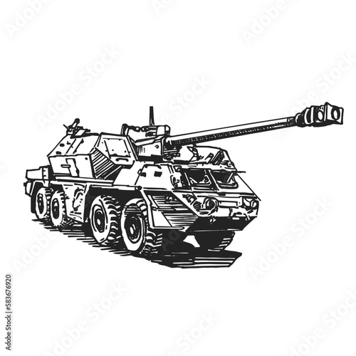 Self-propelled artillery sketch hand drawn. Military weapons