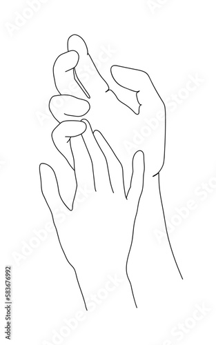 Two hands touch in one line art style. Holding man and woman hands together. Love and romance support concept. Vector illustration