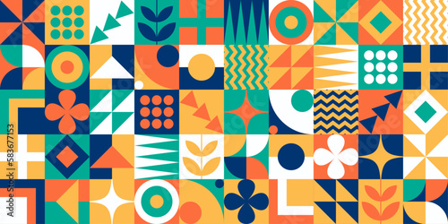 Modern minimalist mid century colorful neo geometric bauhaus style memphis contemporary editable seamless pattern neo geo abstract geometrical vector illustration 70s, retro, vintage.