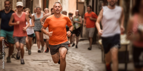 Purposefulness, motivation and achievement of goals. A man in an orange T-shirt runs a marathon through the streets of the city. Running competitions. generative AI. Motivate to play sports.